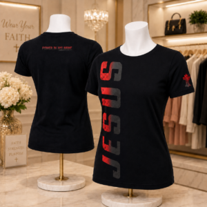 Jesus women’s t-shirt with red vertical JESUS graphic displayed on boutique mannequins