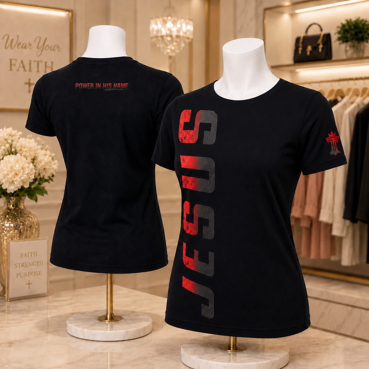 Jesus women’s t-shirt with red vertical JESUS graphic displayed on boutique mannequins