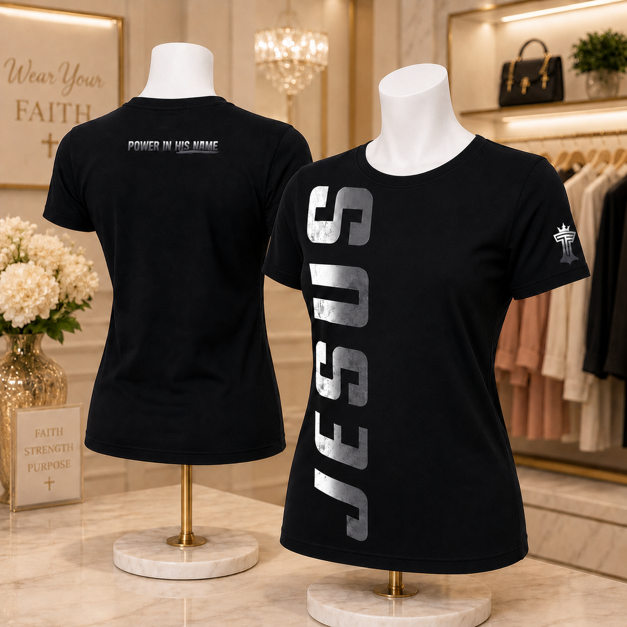 Jesus women’s t-shirt with white vertical JESUS graphic in boutique display setting