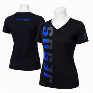V-neck Jesus women’s t-shirt with blue vertical JESUS graphic and back detail