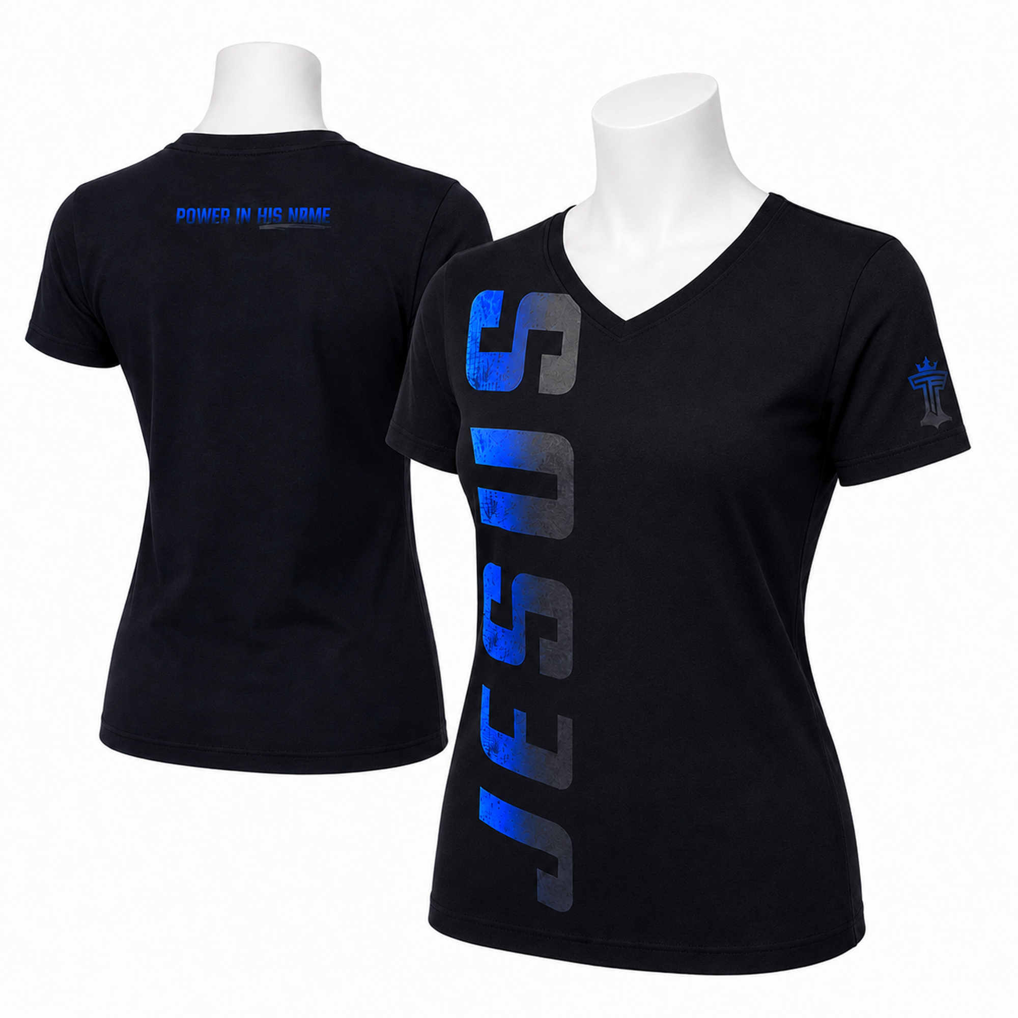 V-neck Jesus women’s t-shirt with blue vertical JESUS graphic and back detail