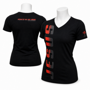 V-neck Jesus women’s t-shirt with red vertical JESUS design and sleeve emblem
