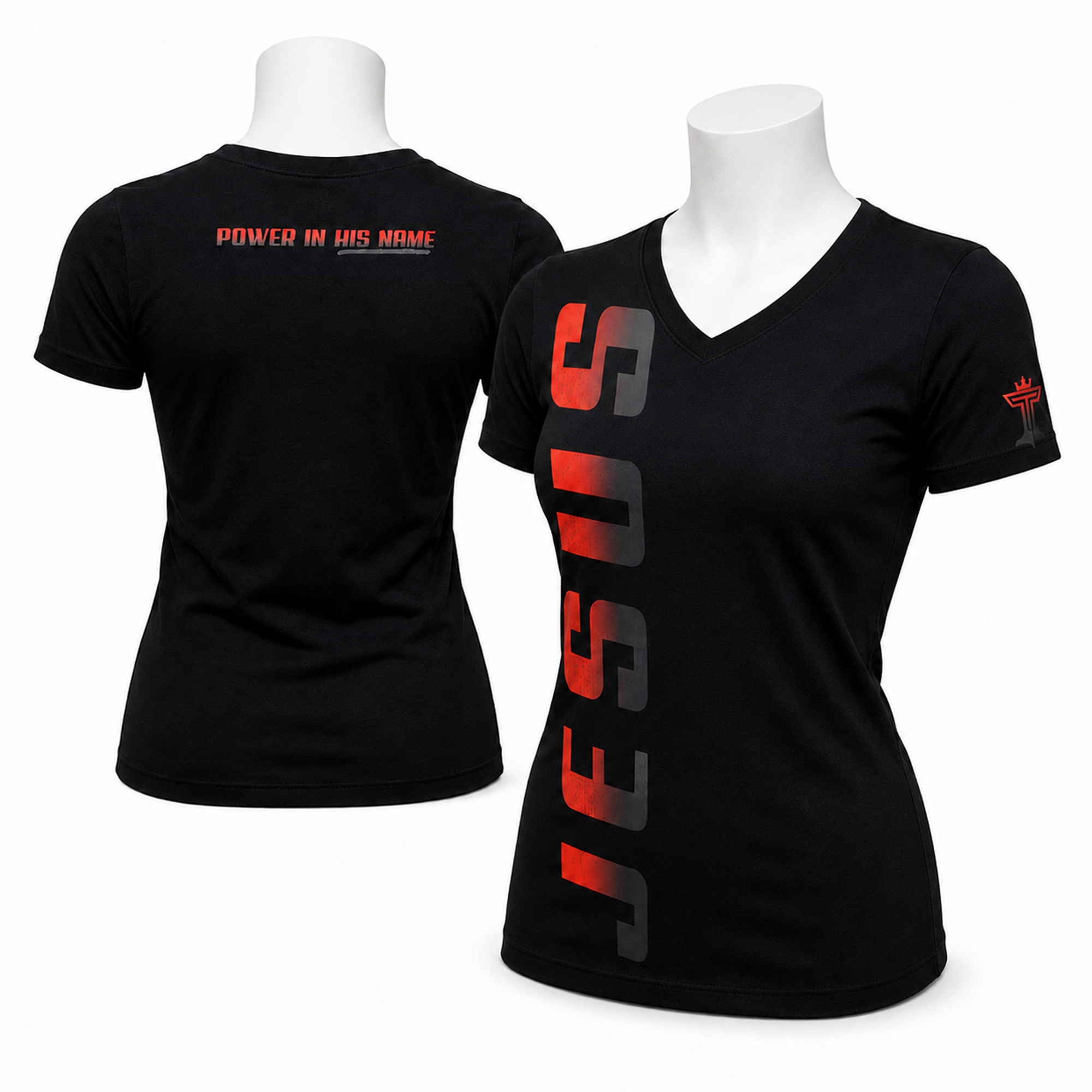 V-neck Jesus women’s t-shirt with red vertical JESUS design and sleeve emblem
