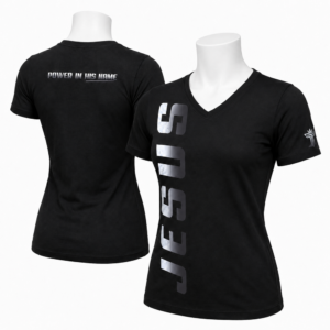 V-neck Jesus women’s t-shirt with white vertical JESUS graphic and Power in His Name back print