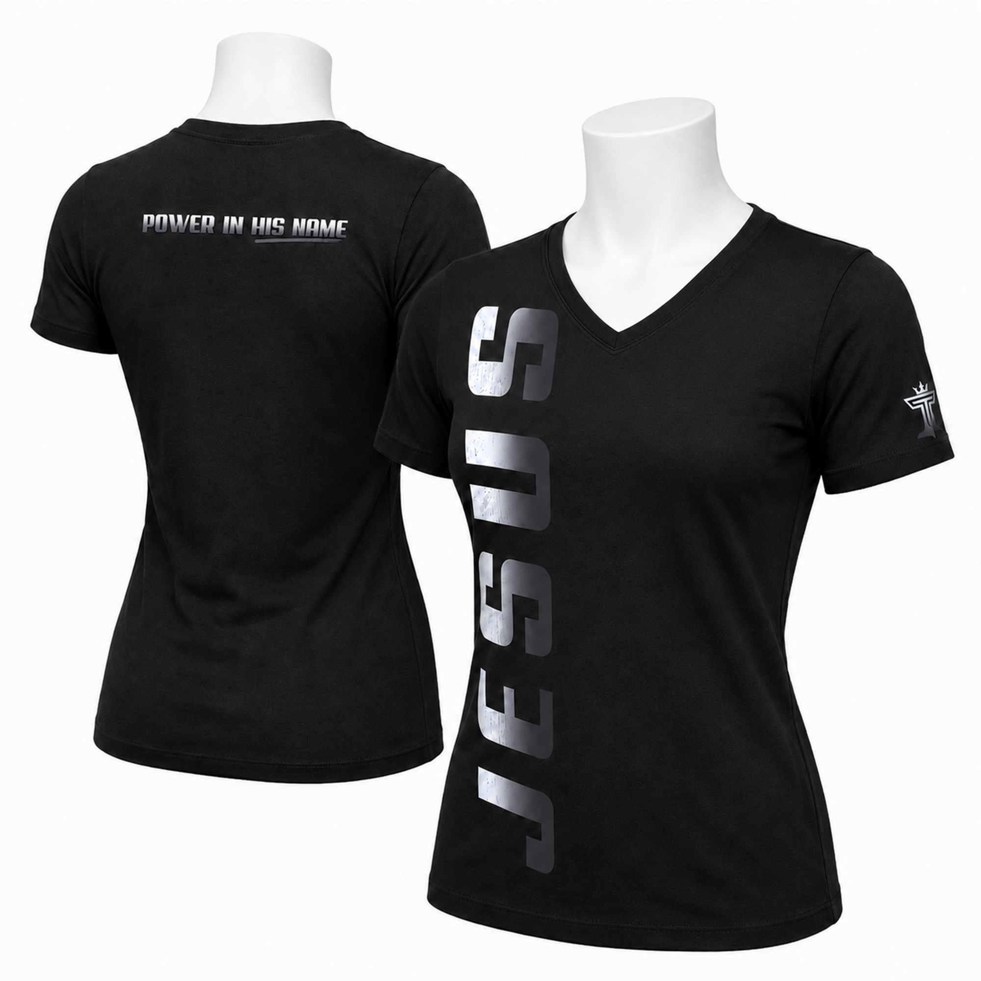 V-neck Jesus women’s t-shirt with white vertical JESUS graphic and Power in His Name back print