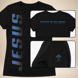 Jesus Vertical Womens black women’s tee with blue vertical JESUS print, Power in His Name back detail, and sleeve logo.
