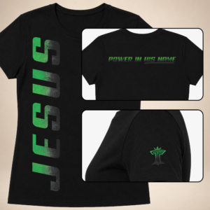 Jesus Vertical Womens black women’s tee with green vertical JESUS print, back text, and sleeve logo.
