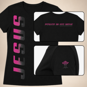 Jesus Vertical Womens black women’s tee with pink vertical JESUS print, back text, and sleeve logo.