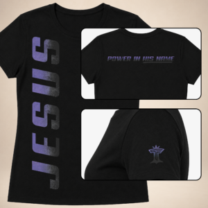 Jesus Vertical Womens black women’s tee with purple vertical JESUS print, upper back text, and sleeve logo.