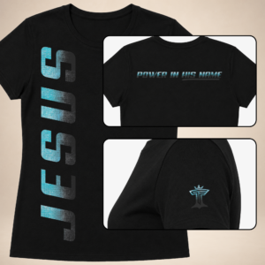 Jesus Vertical Womens black women’s tee with teal vertical JESUS print, back text, and sleeve logo.
