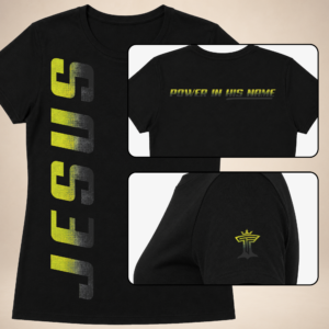 Jesus Vertical Womens black women’s tee with yellow vertical JESUS print, back text, and sleeve logo.