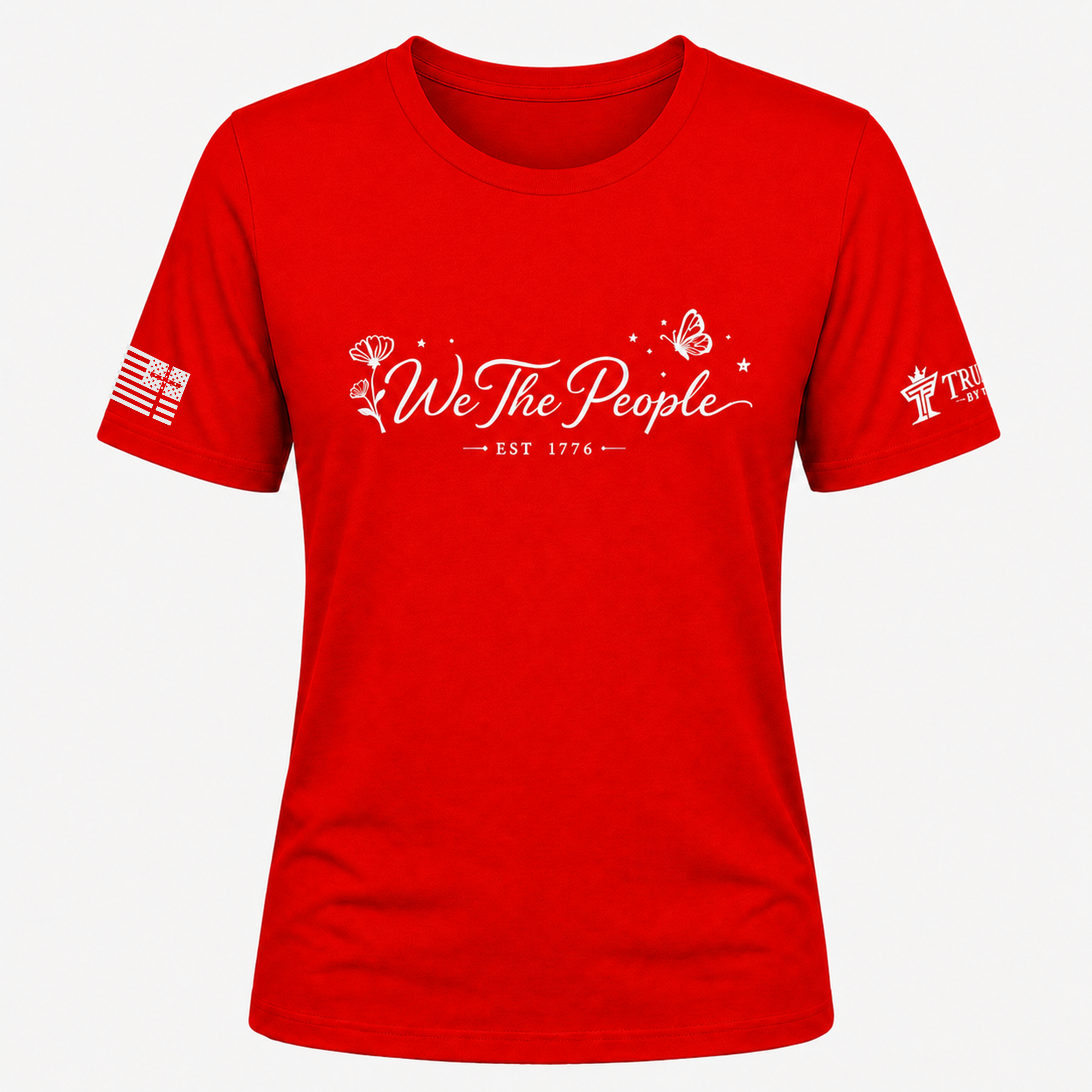 Red We the People crew neck shirt with white script lettering, floral accents, butterfly, and EST 1776.