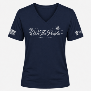 Navy We the People V-neck shirt with white patriotic script design, floral accents, butterfly, and EST 1776.