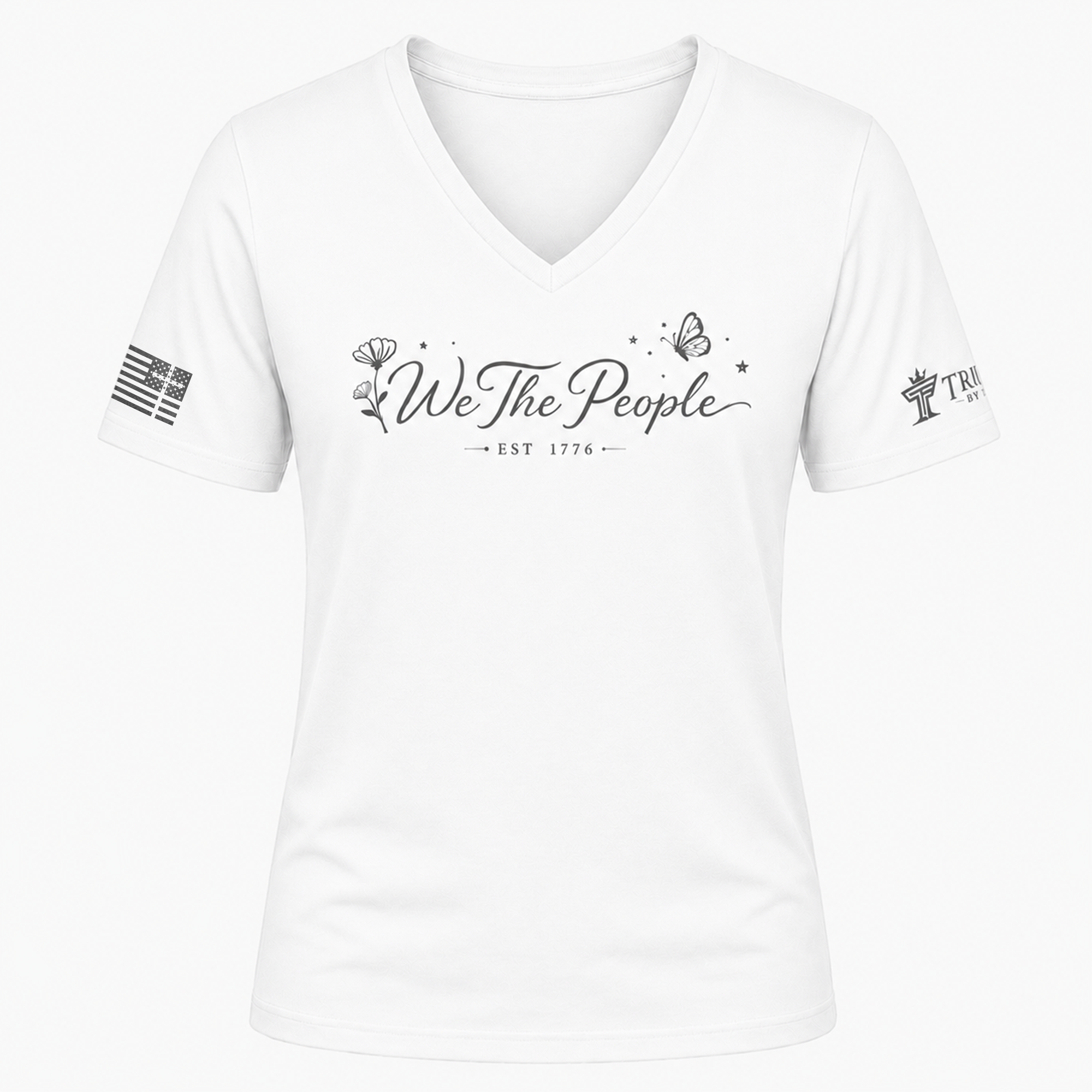 White We the People V-neck shirt with gray script lettering, flower artwork, butterfly, and EST 1776.