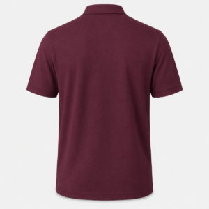 Mens triumph athletic polo in athletic maroon shown from the back on a clean studio background.