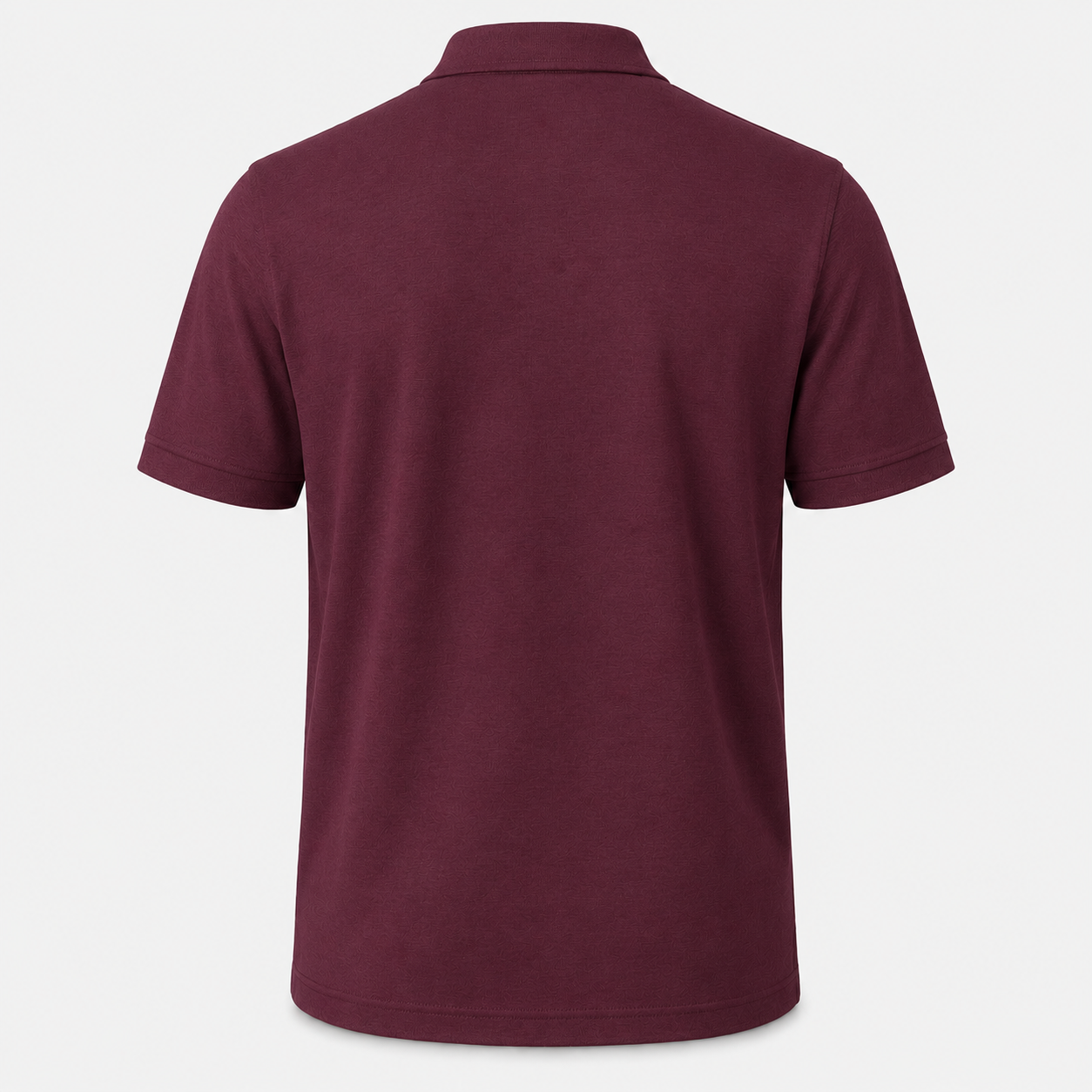 Mens triumph athletic polo in athletic maroon shown from the back on a clean studio background.