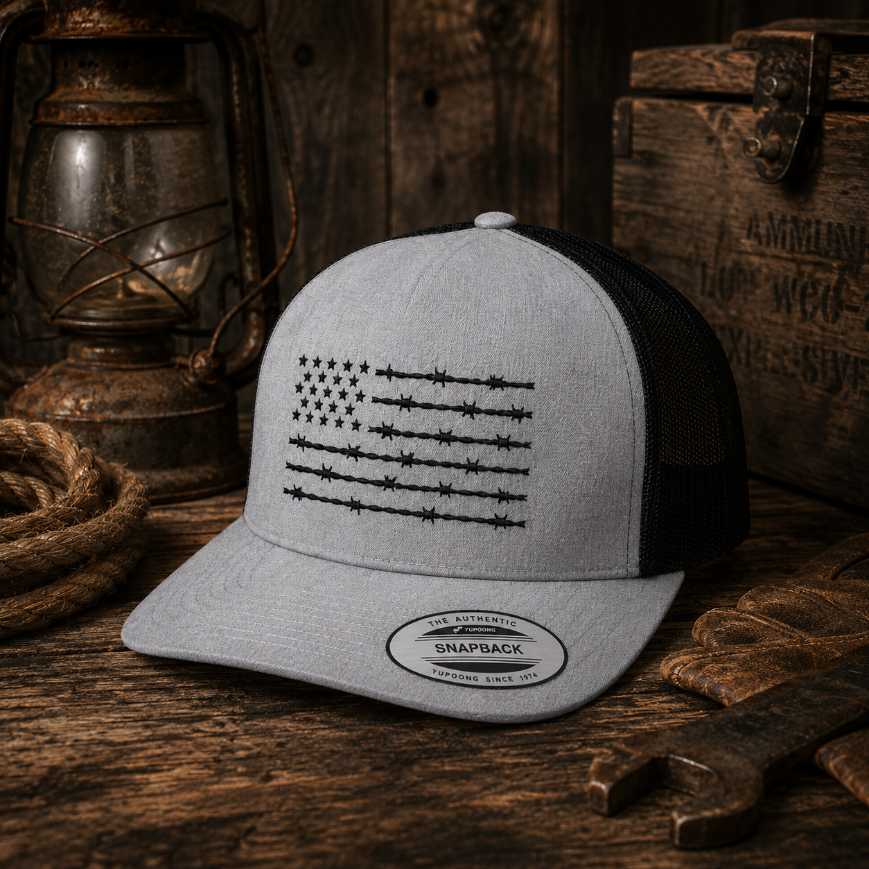 barbed wire american flag trucker hat in heather gray and black mesh shown in a rustic workbench scene