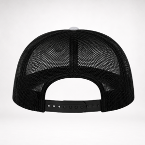 back view of barbed wire american flag trucker hat with black mesh panels and snapback closure