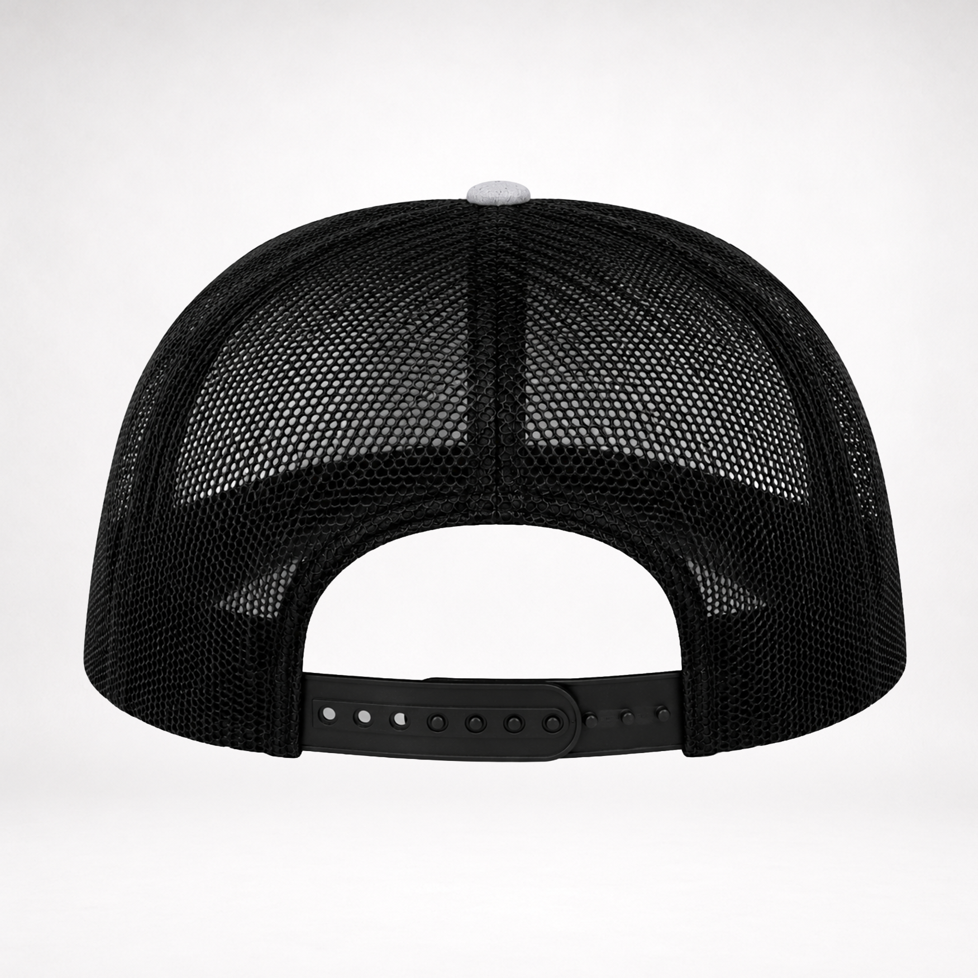 back view of barbed wire american flag trucker hat with black mesh panels and snapback closure