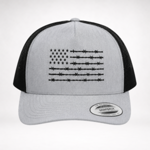 front view of barbed wire american flag trucker hat with heather gray crown and black embroidered flag design