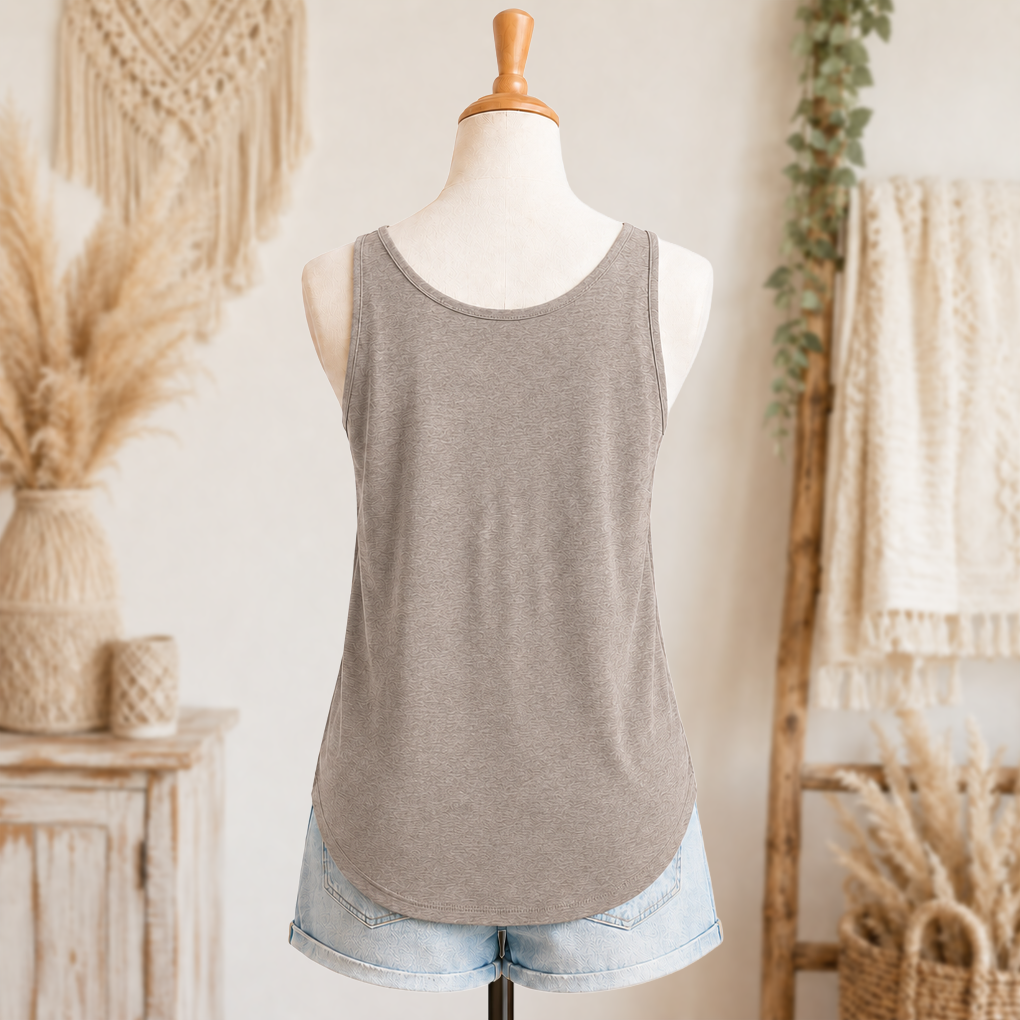He is with You women’s festival tank back view in ash with light denim shorts