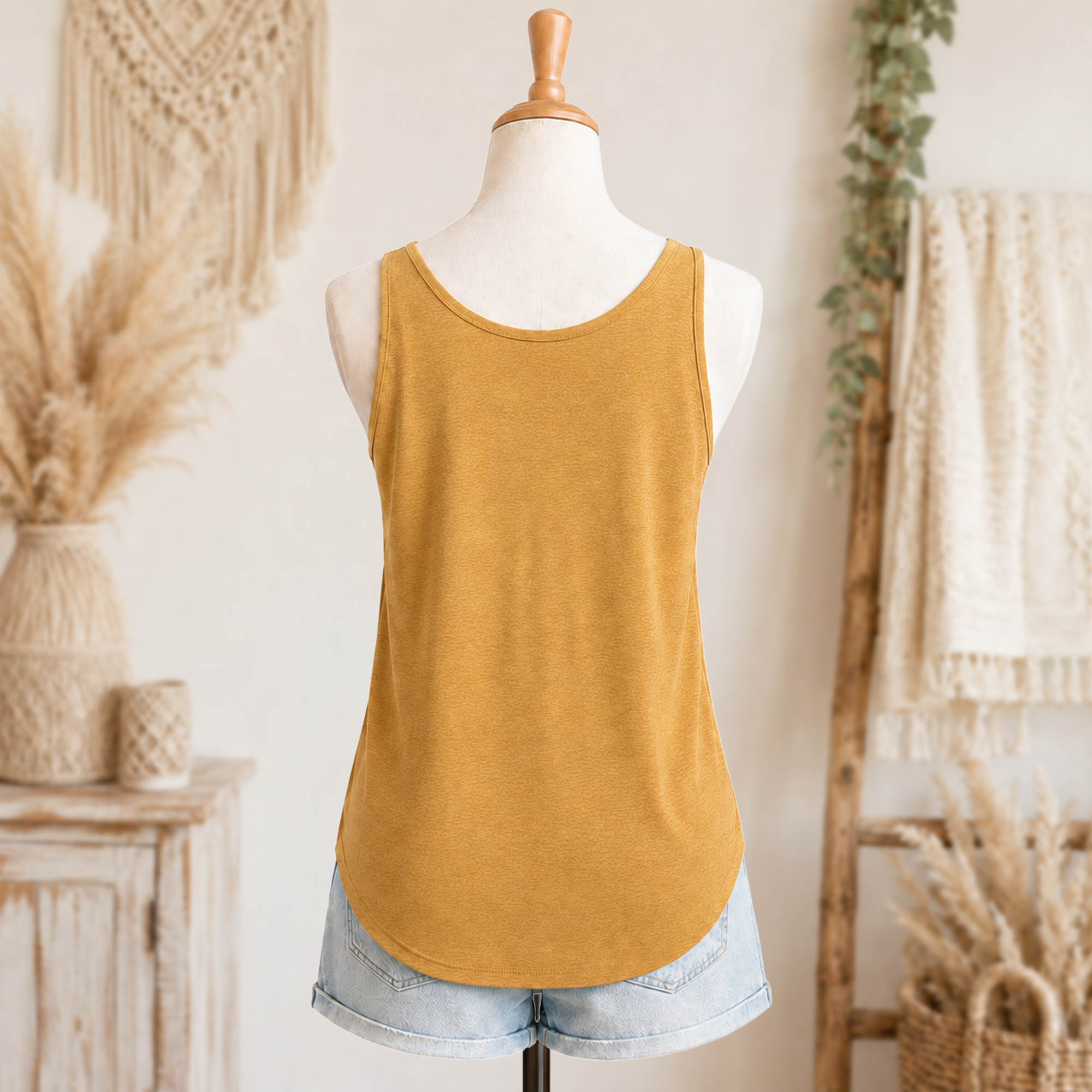 He is with You women’s festival tank back view in antique gold with light denim shorts