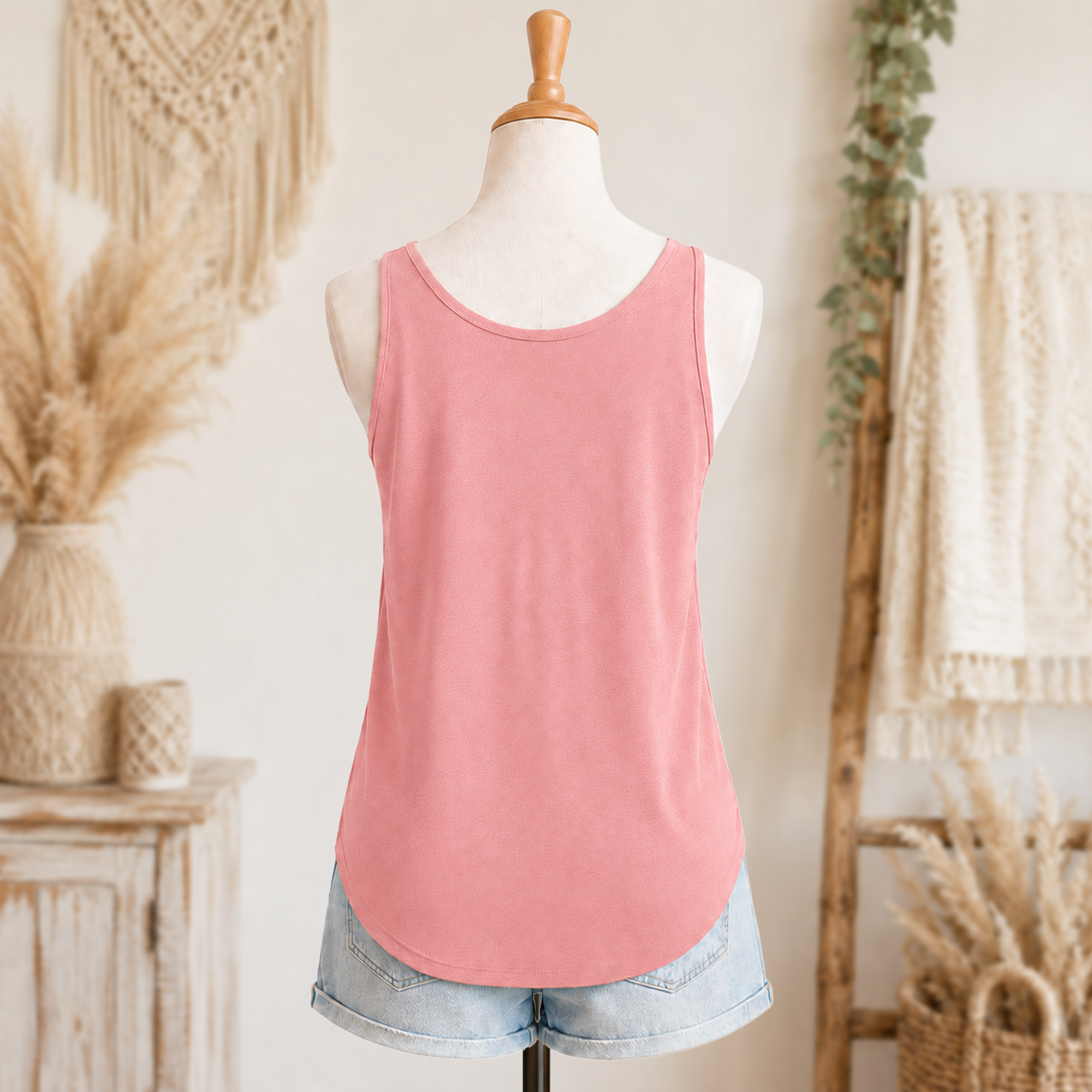 He is with You women’s festival tank back view in desert pink with light denim shorts