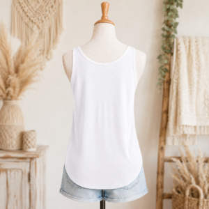 He is with You women’s festival tank back view in white with light denim shorts