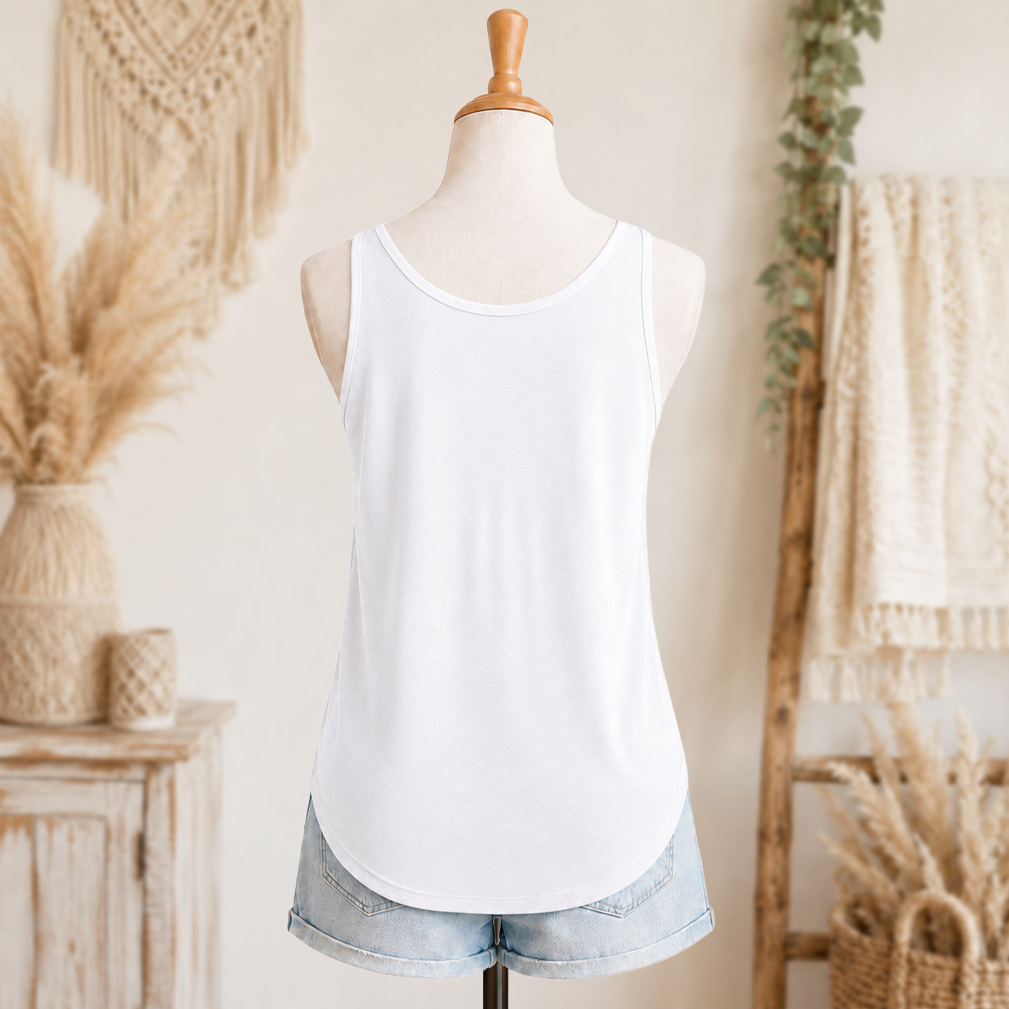 He is with You women’s festival tank back view in white with light denim shorts