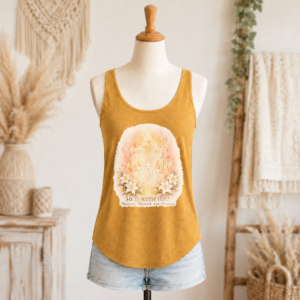 He is with You women’s Christian festival tank in antique gold with Jesus, lambs, lilies, and flame artwork