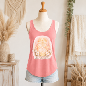 He is with You women’s Christian festival tank in desert pink with Jesus, lambs, lilies, and flame artwork