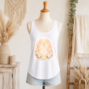 He is with You women’s Christian festival tank in white with Jesus, lambs, lilies, and flame artwork