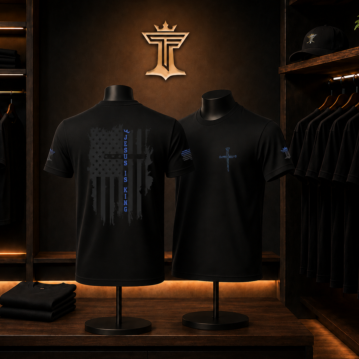 Black Jesus is King shirt mockup with distressed American flag back design and blue vertical lettering in a dark