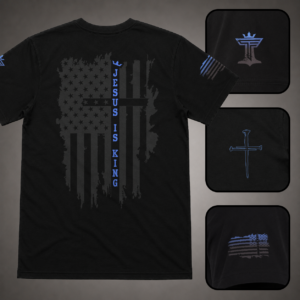 Black men’s Jesus Is King shirt with blue accent, distressed American flag cross back design, sleeve flag, nail cross, and Triumph by Faith logo details.
