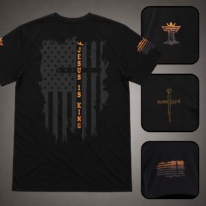 Black men’s Jesus Is King shirt with orange accent, distressed flag cross back design, sleeve flag, nail cross, and Triumph by Faith logo details.