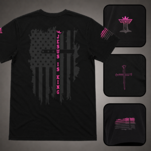 Black men’s Jesus Is King shirt with pink accent, distressed American flag cross back design, sleeve flag, nail cross, and Triumph by Faith logo details.