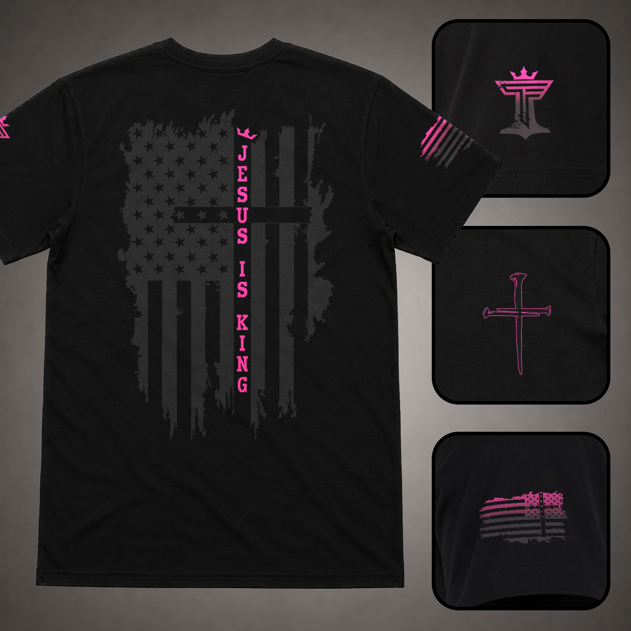 Black men’s Jesus Is King shirt with pink accent, distressed American flag cross back design, sleeve flag, nail cross, and Triumph by Faith logo details.