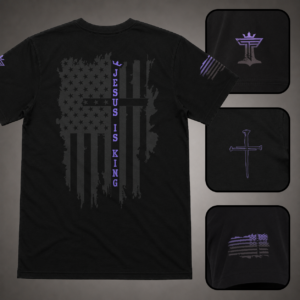 Black men’s Jesus Is King shirt with purple accent, distressed flag and cross back graphic, sleeve flag, nail cross, and Triumph by Faith logo details.