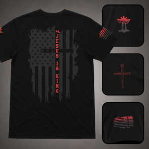 Black men’s Jesus Is King shirt with red accent, distressed American flag cross back design, sleeve flag detail, nail cross, and Triumph by Faith logo.