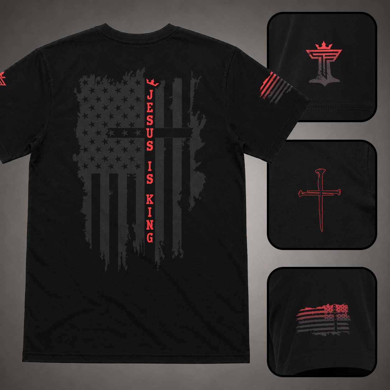 Black men’s Jesus Is King shirt with red accent, distressed American flag cross back design, sleeve flag detail, nail cross, and Triumph by Faith logo.