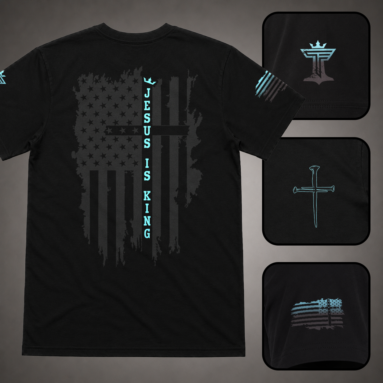 Black men’s Jesus Is King shirt with teal accent, distressed patriotic cross flag back design, sleeve flag, nail cross, and Triumph by Faith logo details.