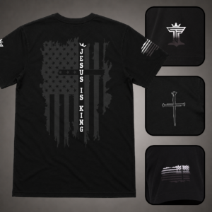 Black men’s Jesus Is King shirt with white accent, distressed American flag cross back design, sleeve flag, nail cross, and Triumph by Faith logo details.