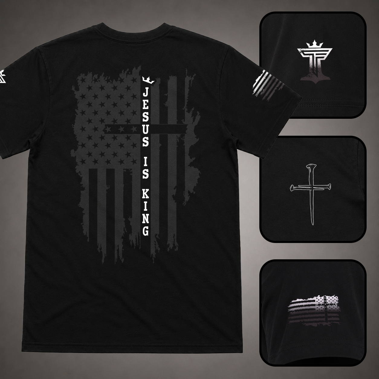 Black men’s Jesus Is King shirt with white accent, distressed American flag cross back design, sleeve flag, nail cross, and Triumph by Faith logo details.