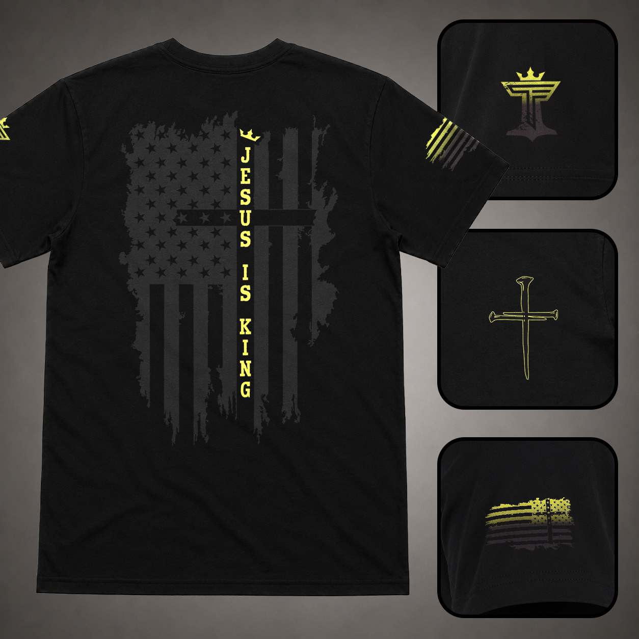 Black men’s Jesus Is King shirt with yellow accent, distressed patriotic cross flag back design, sleeve flag detail, nail cross, and Triumph by Faith logo.