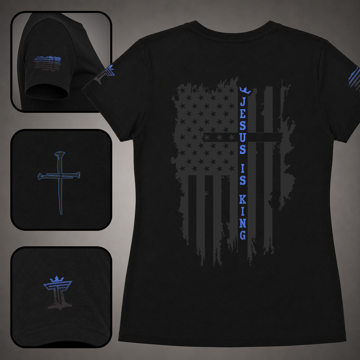 Black women’s Jesus Is King shirt with blue accent, distressed American flag cross back design, sleeve flag, nail cross, and Triumph by Faith logo details.