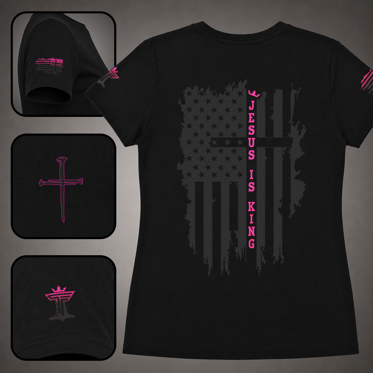 Black women’s Jesus Is King shirt with pink accent, distressed American flag cross back design, sleeve flag, nail cross, and Triumph by Faith logo.