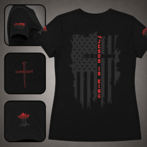 Black women’s Jesus Is King shirt with red accent, distressed American flag cross back design, sleeve flag detail, nail cross, and brand logo.