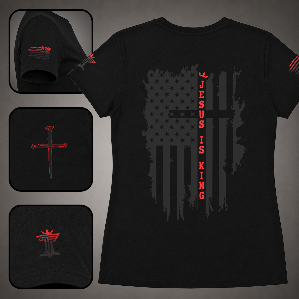 Black women’s Jesus Is King shirt with red accent, distressed American flag cross back design, sleeve flag detail, nail cross, and brand logo.