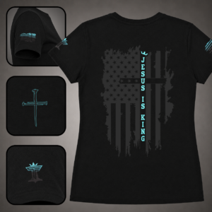 Black women’s Jesus Is King shirt with teal accent, distressed patriotic cross flag back design, sleeve flag, nail cross, and Triumph by Faith logo.