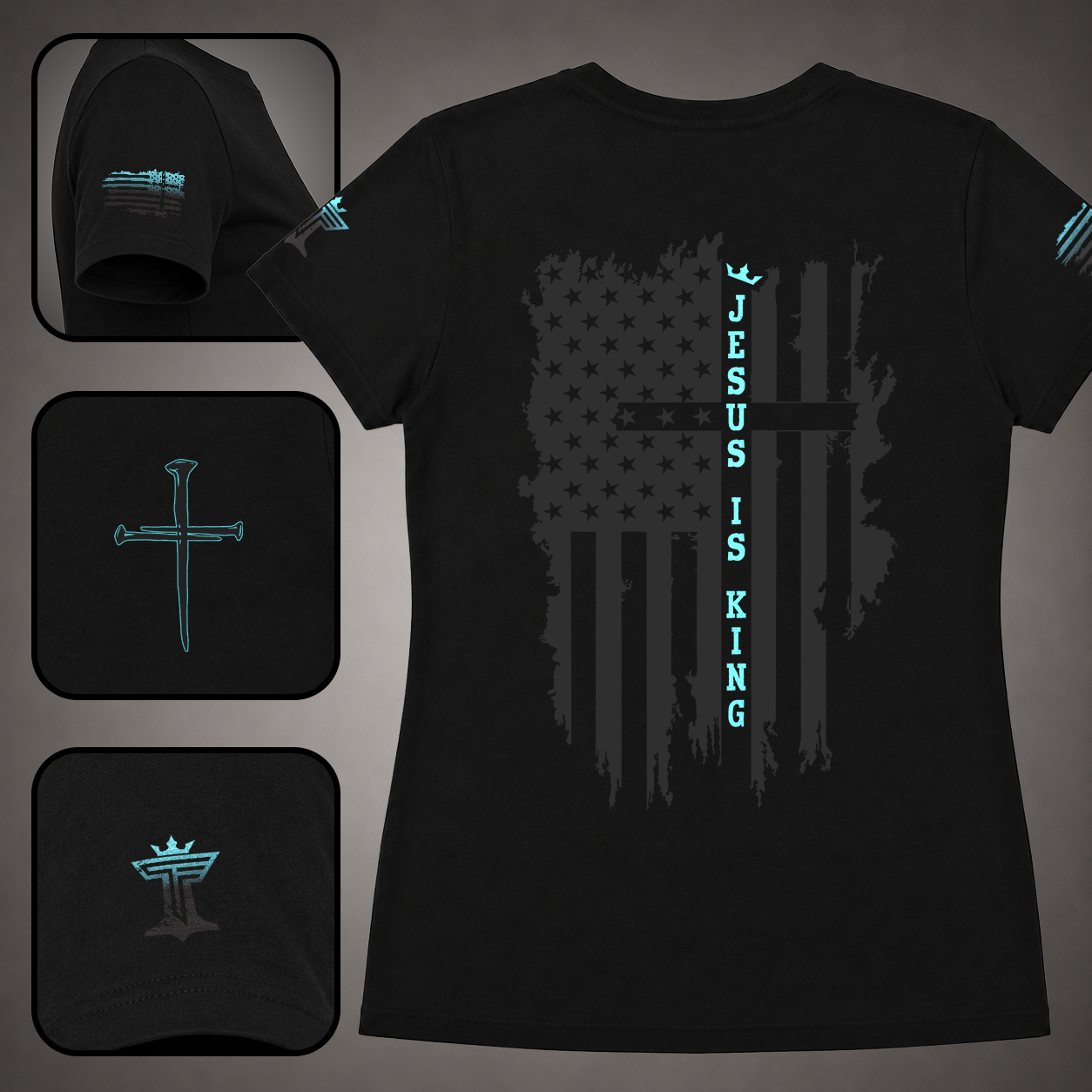 Black women’s Jesus Is King shirt with teal accent, distressed patriotic cross flag back design, sleeve flag, nail cross, and Triumph by Faith logo.